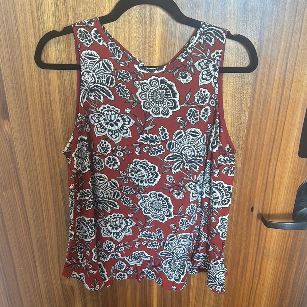 Madewell Red Navy Floral Tank Blouse with Tie Back